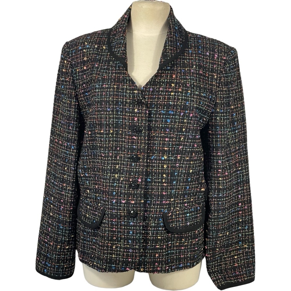 Sag Harbor Multicolor Tweed Boucle Fringe French Cuff Blazer Jacket Sz 16